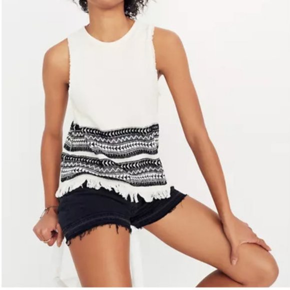 Madewell Top Women's Size Med Cream-Black Fringed Sleeveless Preppy - Picture 4 of 4